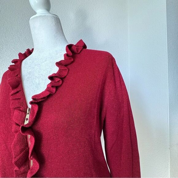 Belle by Kim Gravel Red Cardigan Metallic Thread Ruffle Zip Up SZ M NWT - Picture 4 of 16